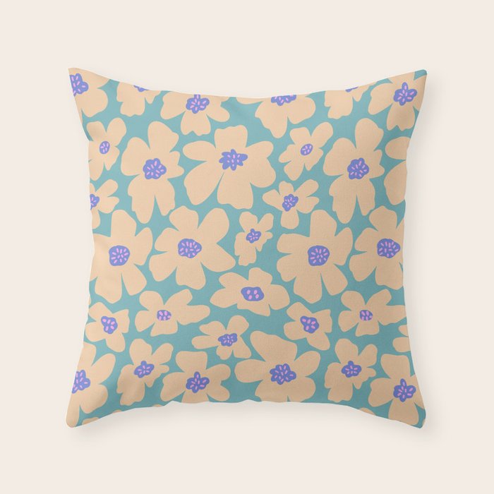 Retro Daisy - Turquoise, Very Peri, Pink, cream Throw Pillow Gallery Image 1