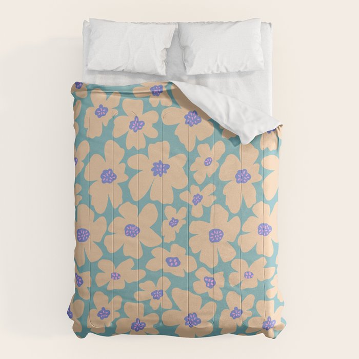Retro Daisy - Turquoise, Very Peri, Pink, cream Comforter Gallery Image 6