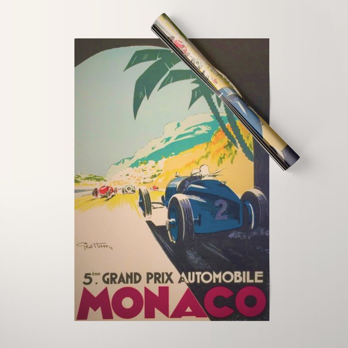 Vintage 1933 Monaco Grand Prix Car Advertisement Poster by Geo Ham Wrapping Paper Gallery Image 1