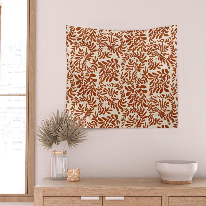 abstract retro shapes earthy leaves red Wall Tapestry Gallery Image 2