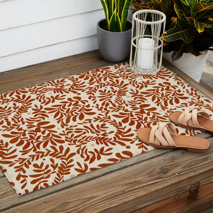abstract retro shapes earthy leaves red Outdoor Rug Gallery Image 2