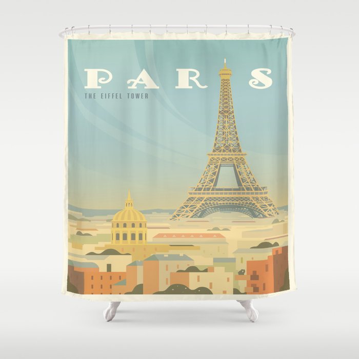 Paris France Eiffel Tower Vintage Travel Poster Commercial Air Travel Shower Curtain Gallery Image 1