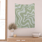 Liquid Swirl Retro Abstract Pattern in Sage Green and Light Sage Gray Wall Tapestry Gallery Image 2
