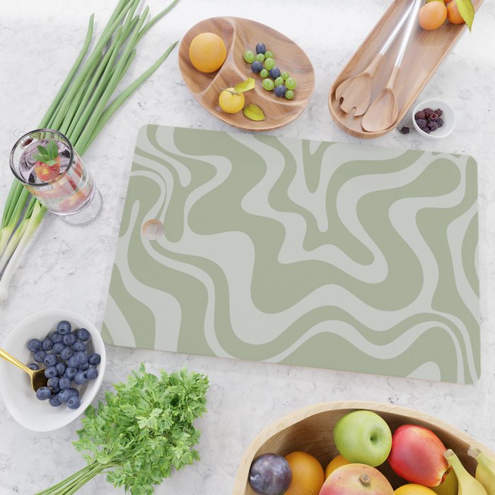Liquid Swirl Retro Abstract Pattern in Sage Green and Light Sage Gray Cutting Board Gallery Image 2