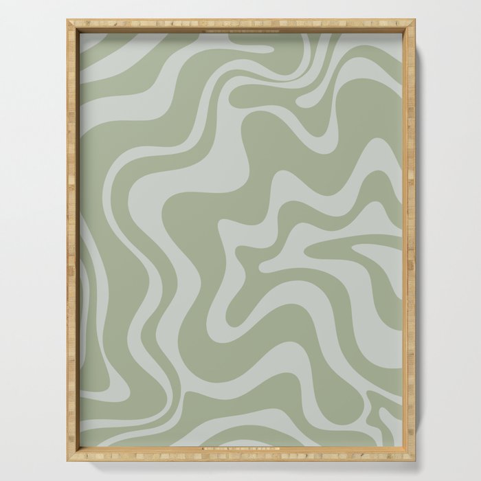 Liquid Swirl Retro Abstract Pattern in Sage Green and Light Sage Gray Serving Tray Gallery Image 1