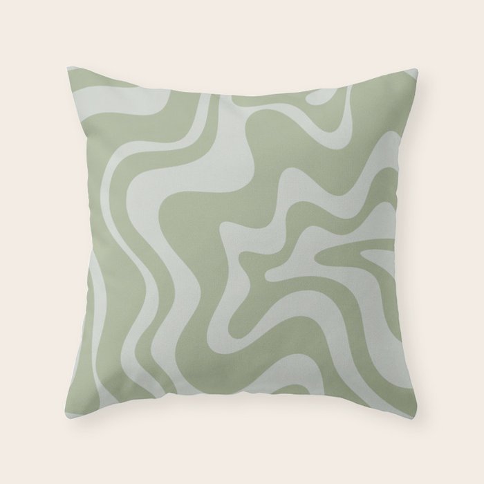 Liquid Swirl Retro Abstract Pattern in Sage Green and Light Sage Gray Throw Pillow Gallery Image 1