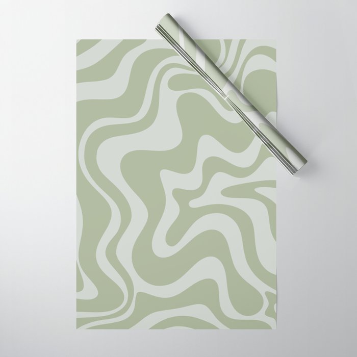 Liquid Swirl Retro Abstract Pattern in Sage Green and Light Sage Gray Wrapping Paper Gallery Image 1