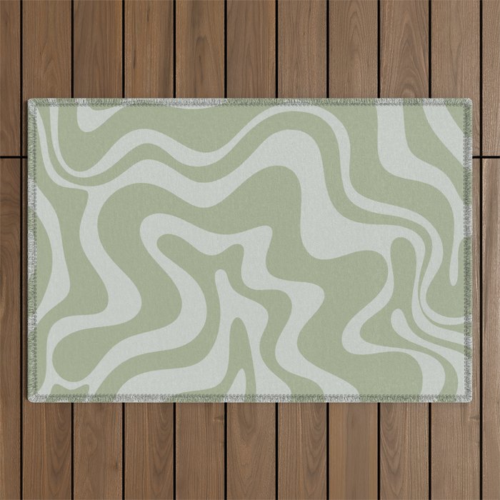 Liquid Swirl Retro Abstract Pattern in Sage Green and Light Sage Gray Outdoor Rug Gallery Image 1