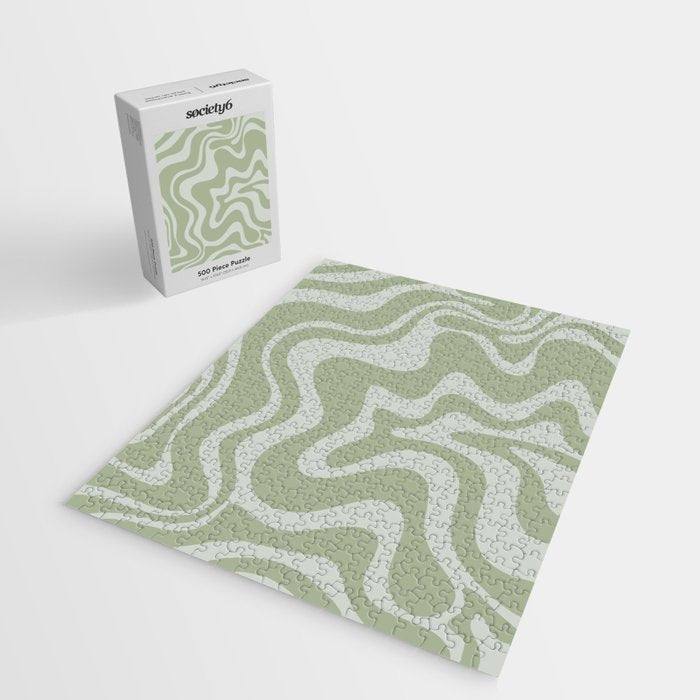 Liquid Swirl Retro Abstract Pattern in Sage Green and Light Sage Gray Jigsaw Puzzle Gallery Image 2