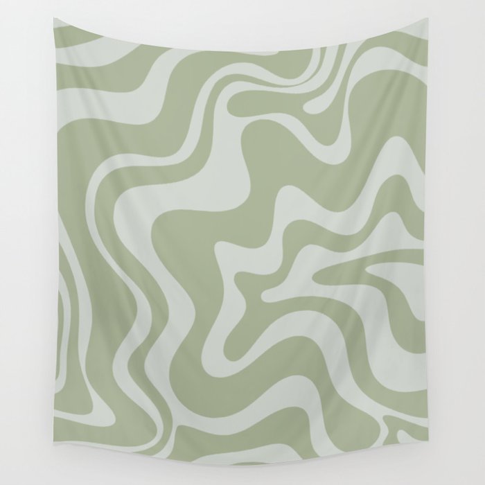 Liquid Swirl Retro Abstract Pattern in Sage Green and Light Sage Gray Wall Tapestry Gallery Image 1