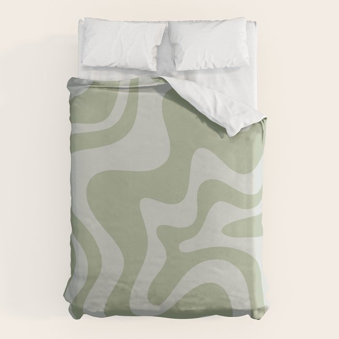 Liquid Swirl Retro Abstract Pattern in Sage Green and Light Sage Gray Duvet Cover Gallery Image 1