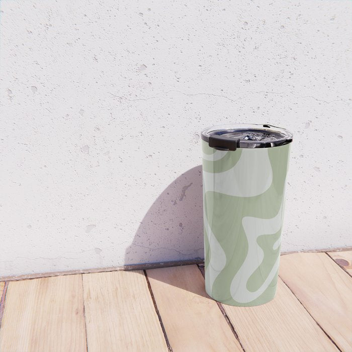 Liquid Swirl Retro Abstract Pattern in Sage Green and Light Sage Gray Travel Mug Gallery Image 4