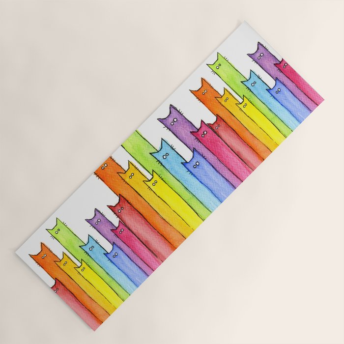 Cat Rainbow Watercolor Pattern Yoga Mat Gallery Image 1