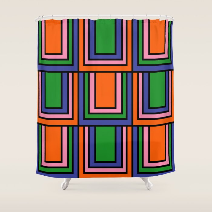 Colorful Retro Geometric Mod Portes Pattern II Orange Pink Green Blue  Shower Curtain Gallery Image 1