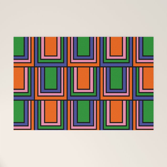 Colorful Retro Geometric Mod Portes Pattern II Orange Pink Green Blue  Welcome Mat Gallery Image 1