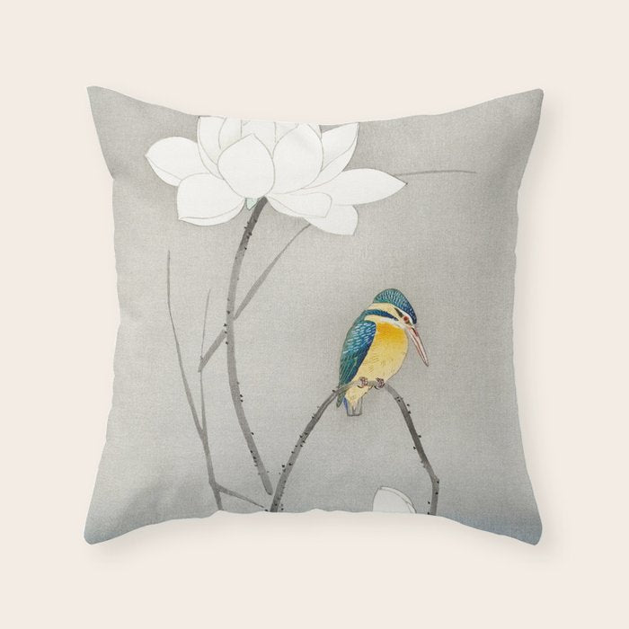 Kingfisher sitting on a lotus flower - Vintage Japanese Woodblock Print Art Throw Pillow Gallery Image 6