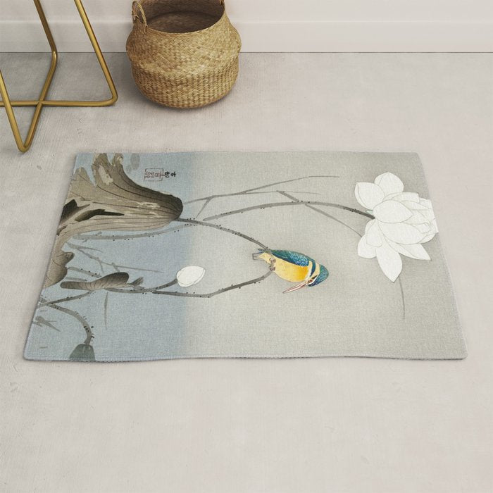 Kingfisher sitting on a lotus flower - Vintage Japanese Woodblock Print Art Rug Gallery Image 1