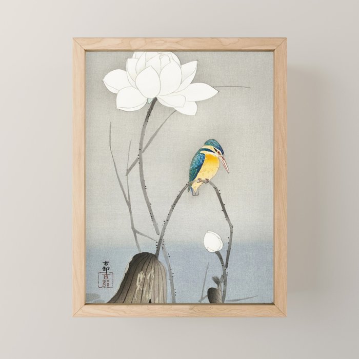 Kingfisher sitting on a lotus flower - Vintage Japanese Woodblock Print Art Mini Art Print Gallery Image 1