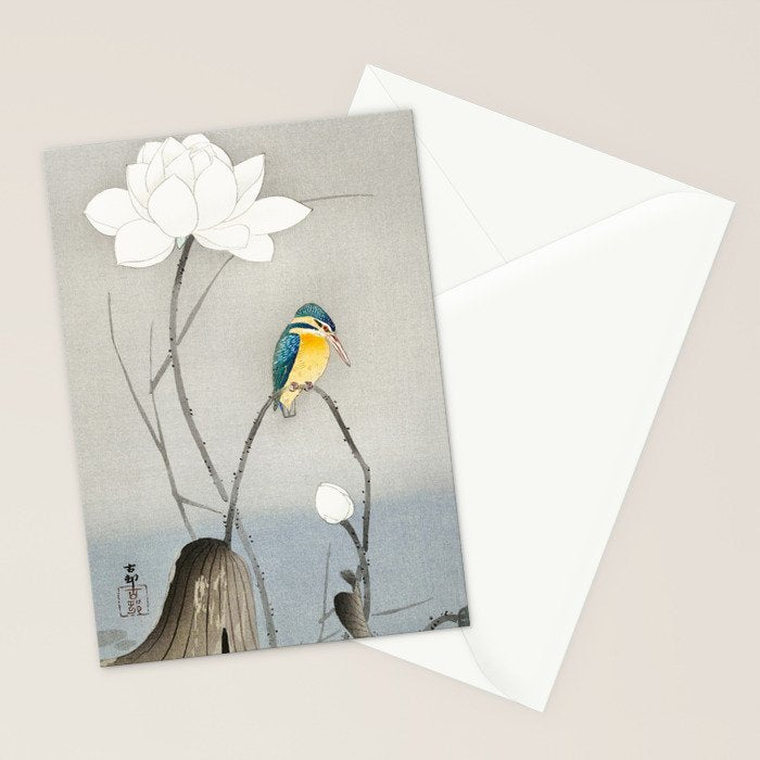 Kingfisher sitting on a lotus flower - Vintage Japanese Woodblock Print Art Stationery Card Gallery Image 2