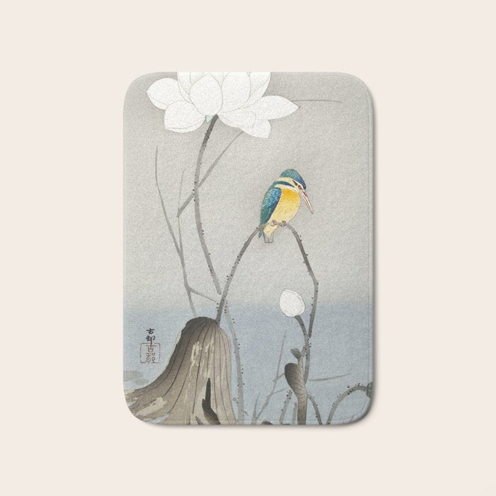 Kingfisher sitting on a lotus flower - Vintage Japanese Woodblock Print Art Bath Mat Gallery Image 1