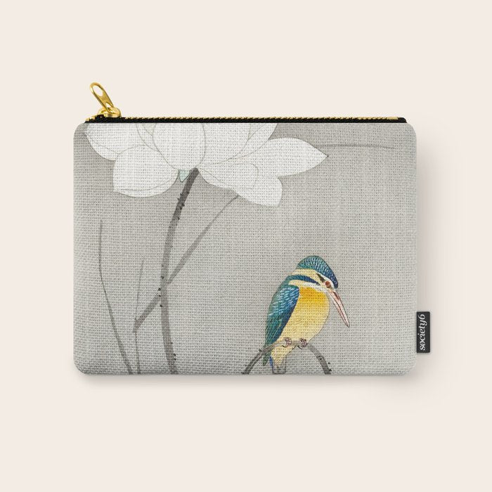 Kingfisher sitting on a lotus flower - Vintage Japanese Woodblock Print Art Carry All Pouch Gallery Image 1
