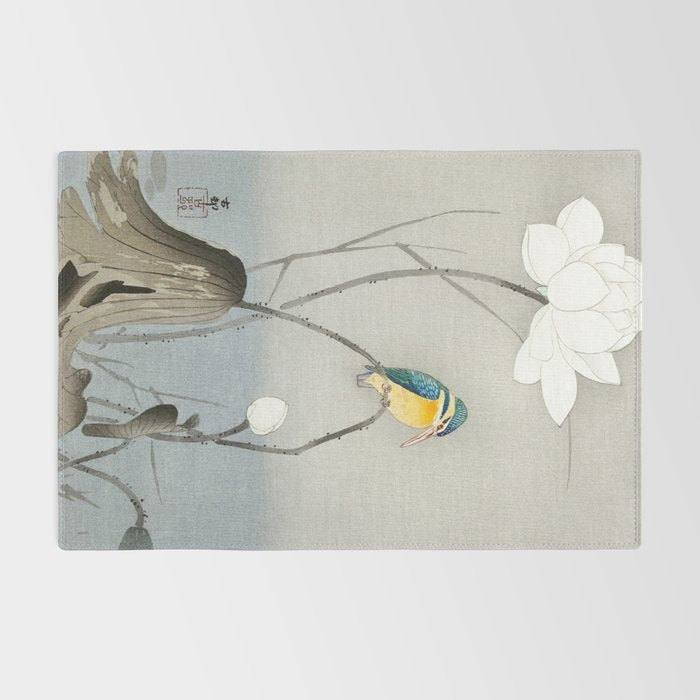 Kingfisher sitting on a lotus flower - Vintage Japanese Woodblock Print Art Rug Gallery Image 2