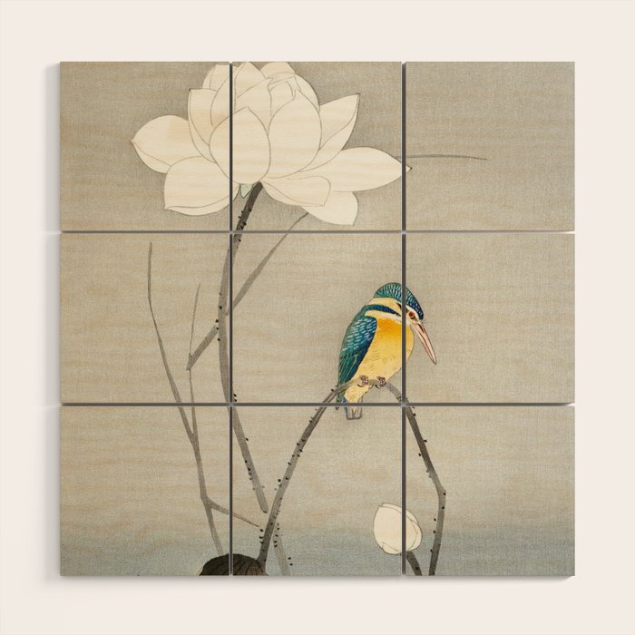 Kingfisher sitting on a lotus flower - Vintage Japanese Woodblock Print Art Wood Wall Art Gallery Image 1