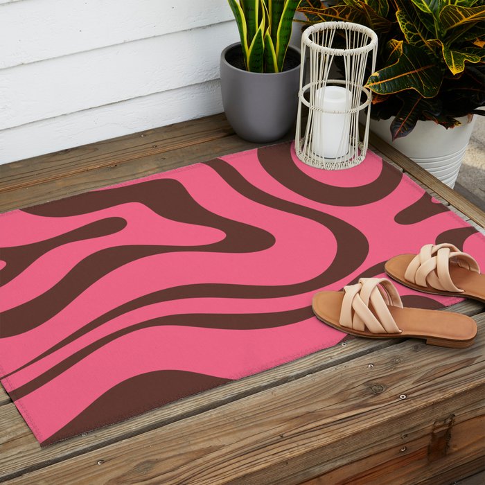 Modern Retro Liquid Swirl Abstract Pattern in Eclectic Pink and Brown Outdoor Rug Gallery Image 2