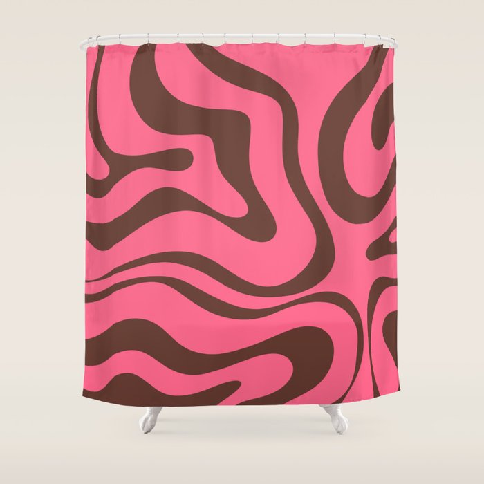 Modern Retro Liquid Swirl Abstract Pattern in Eclectic Pink and Brown Shower Curtain Gallery Image 1