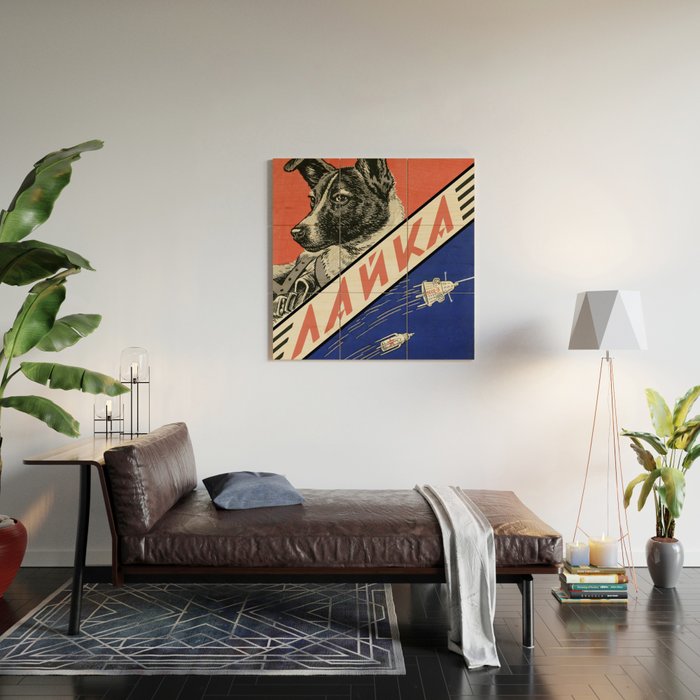 Laika, first space dog â Soviet vintage space poster [Sovietwave] Wood Wall Art Gallery Image 2