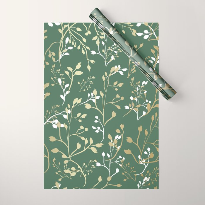 Floral Leaves, Green and Gold, Design Prints Wrapping Paper Gallery Image 1
