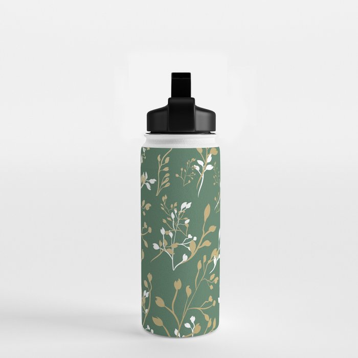 Floral Leaves, Green and Gold, Design Prints Water Bottle Gallery Image 2