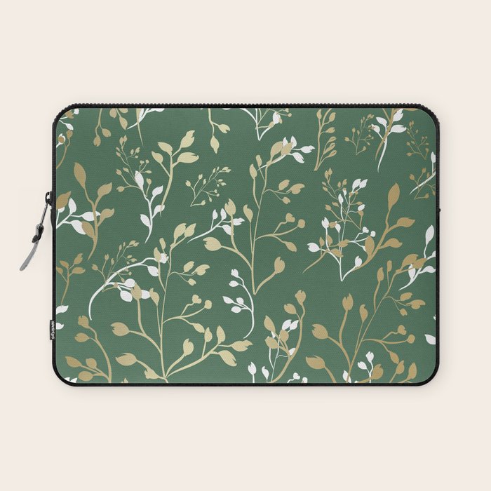 Floral Leaves, Green and Gold, Design Prints Laptop Sleeve Gallery Image 1