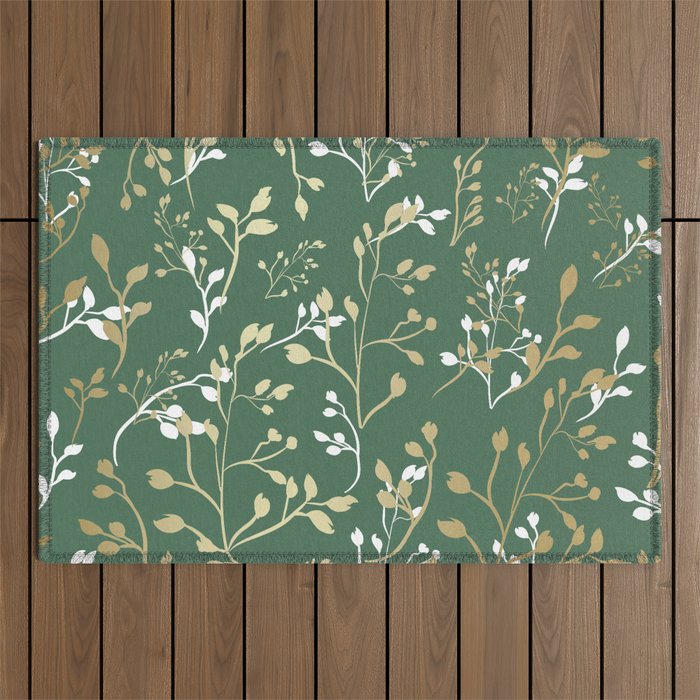 Floral Leaves, Green and Gold, Design Prints Outdoor Rug Gallery Image 1