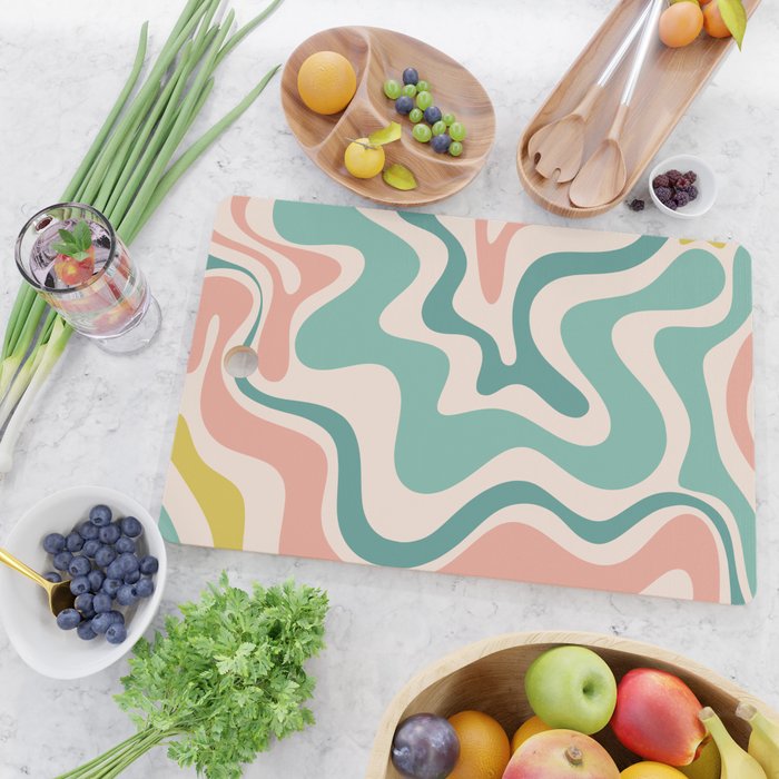 Retro Liquid Swirl Abstract Pattern Teal Blush Pink Mustard Cutting Board Gallery Image 2