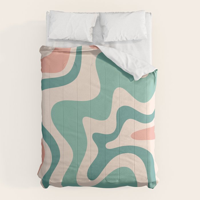 Retro Liquid Swirl Abstract Pattern Teal Blush Pink Mustard Comforter Gallery Image 1