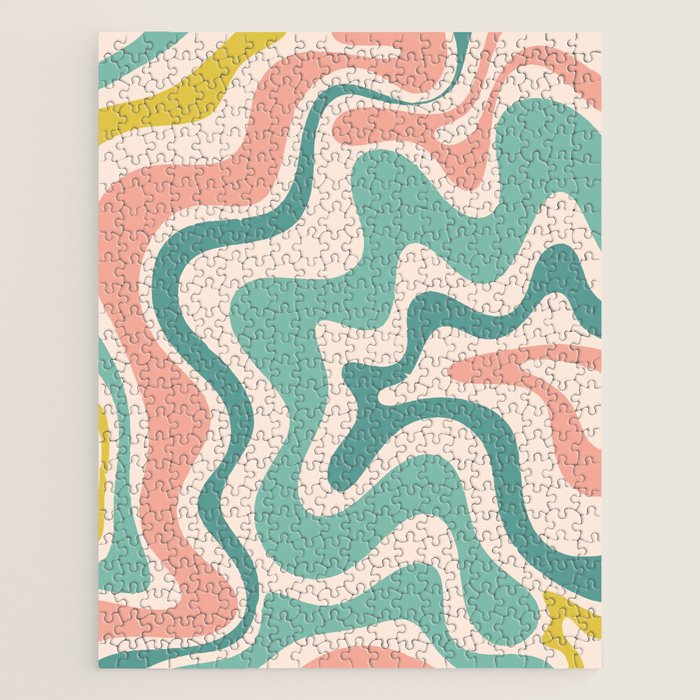 Retro Liquid Swirl Abstract Pattern Teal Blush Pink Mustard Jigsaw Puzzle Gallery Image 1