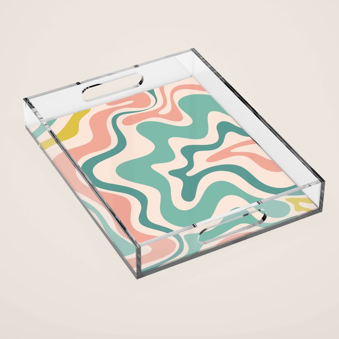 Retro Liquid Swirl Abstract Pattern Teal Blush Pink Mustard Acrylic Tray Gallery Image 1