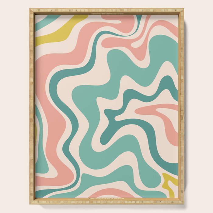 Retro Liquid Swirl Abstract Pattern Teal Blush Pink Mustard Serving Tray Gallery Image 1