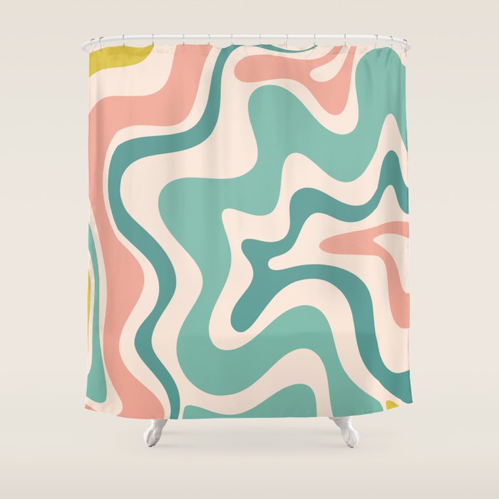 Retro Liquid Swirl Abstract Pattern Teal Blush Pink Mustard Shower Curtain Gallery Image 1