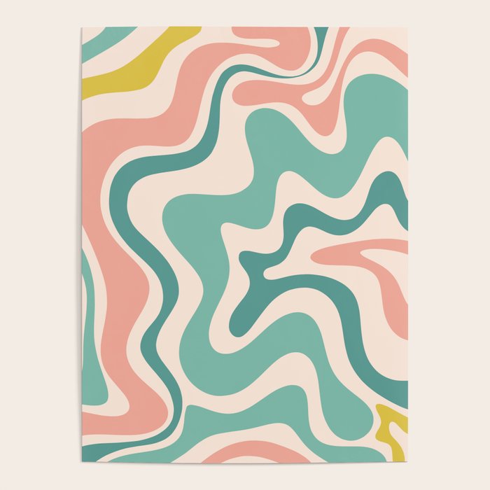Retro Liquid Swirl Abstract Pattern Teal Blush Pink Mustard Poster Gallery Image 1