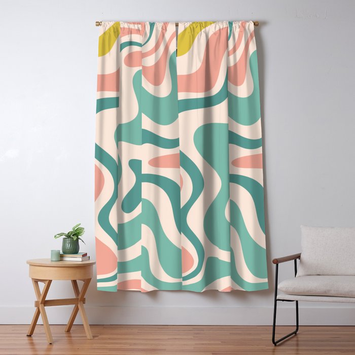 Retro Liquid Swirl Abstract Pattern Teal Blush Pink Mustard Window Curtain Gallery Image 5