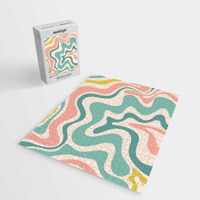 Retro Liquid Swirl Abstract Pattern Teal Blush Pink Mustard Jigsaw Puzzle Gallery Image 2