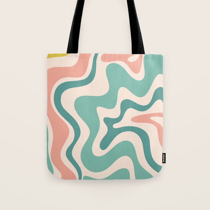 Retro Liquid Swirl Abstract Pattern Teal Blush Pink Mustard Tote Bag Gallery Image 1