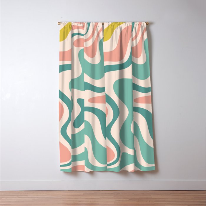 Retro Liquid Swirl Abstract Pattern Teal Blush Pink Mustard Window Curtain Gallery Image 3