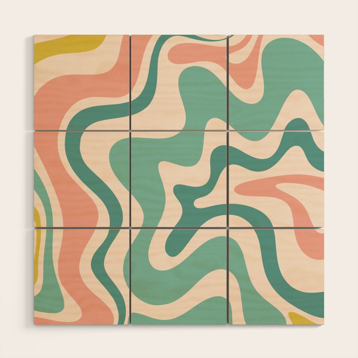 Retro Liquid Swirl Abstract Pattern Teal Blush Pink Mustard Wood Wall Art Gallery Image 1