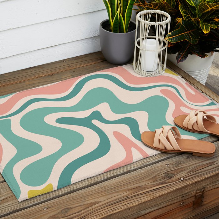 Retro Liquid Swirl Abstract Pattern Teal Blush Pink Mustard Outdoor Rug Gallery Image 2