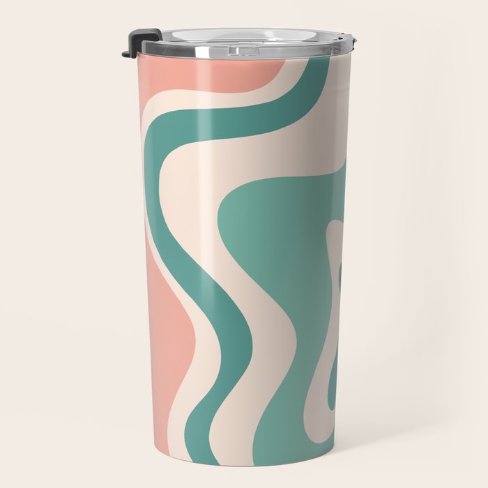 Retro Liquid Swirl Abstract Pattern Teal Blush Pink Mustard Travel Mug Gallery Image 3