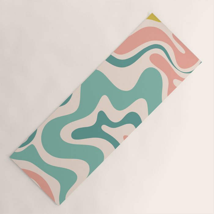Retro Liquid Swirl Abstract Pattern Teal Blush Pink Mustard Yoga Mat Gallery Image 1