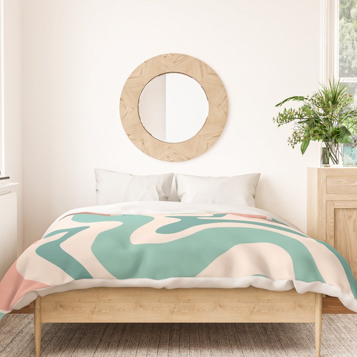 Retro Liquid Swirl Abstract Pattern Teal Blush Pink Mustard Duvet Cover Gallery Image 3